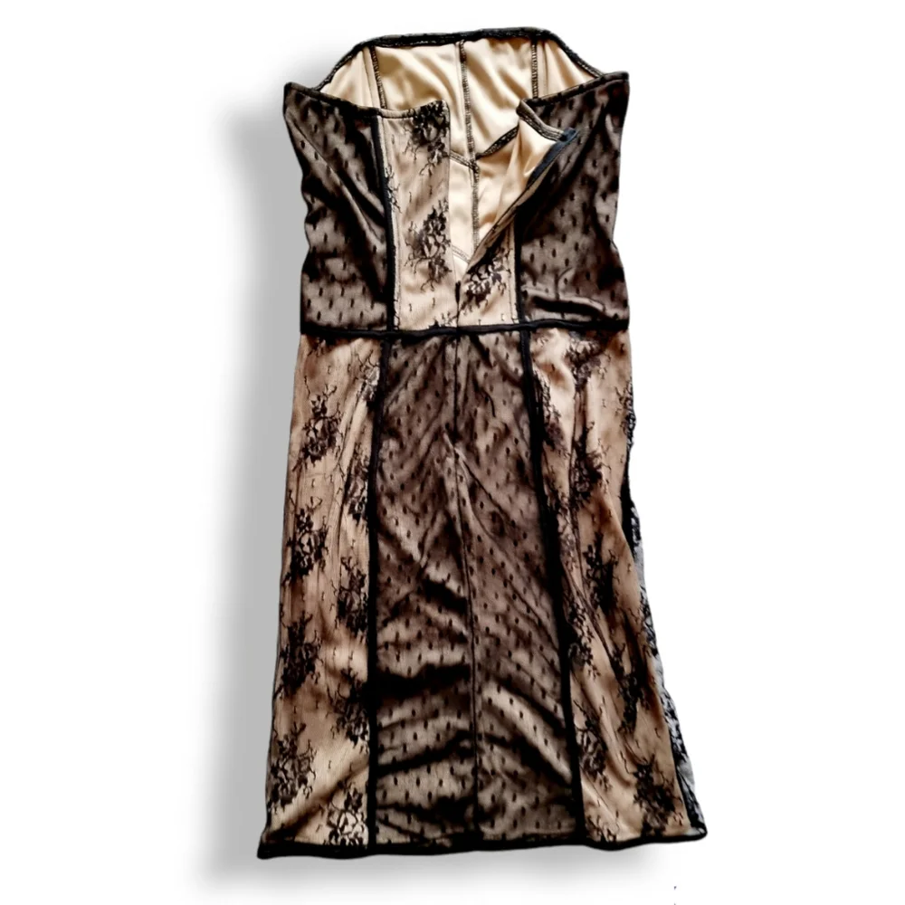 Strapless, black lace, knee length, corset dress with light beige/ tan under lay - Picture 3 of 8